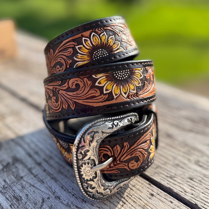 Genuine Leather Western Belt with Dark Tooled Sunflowers