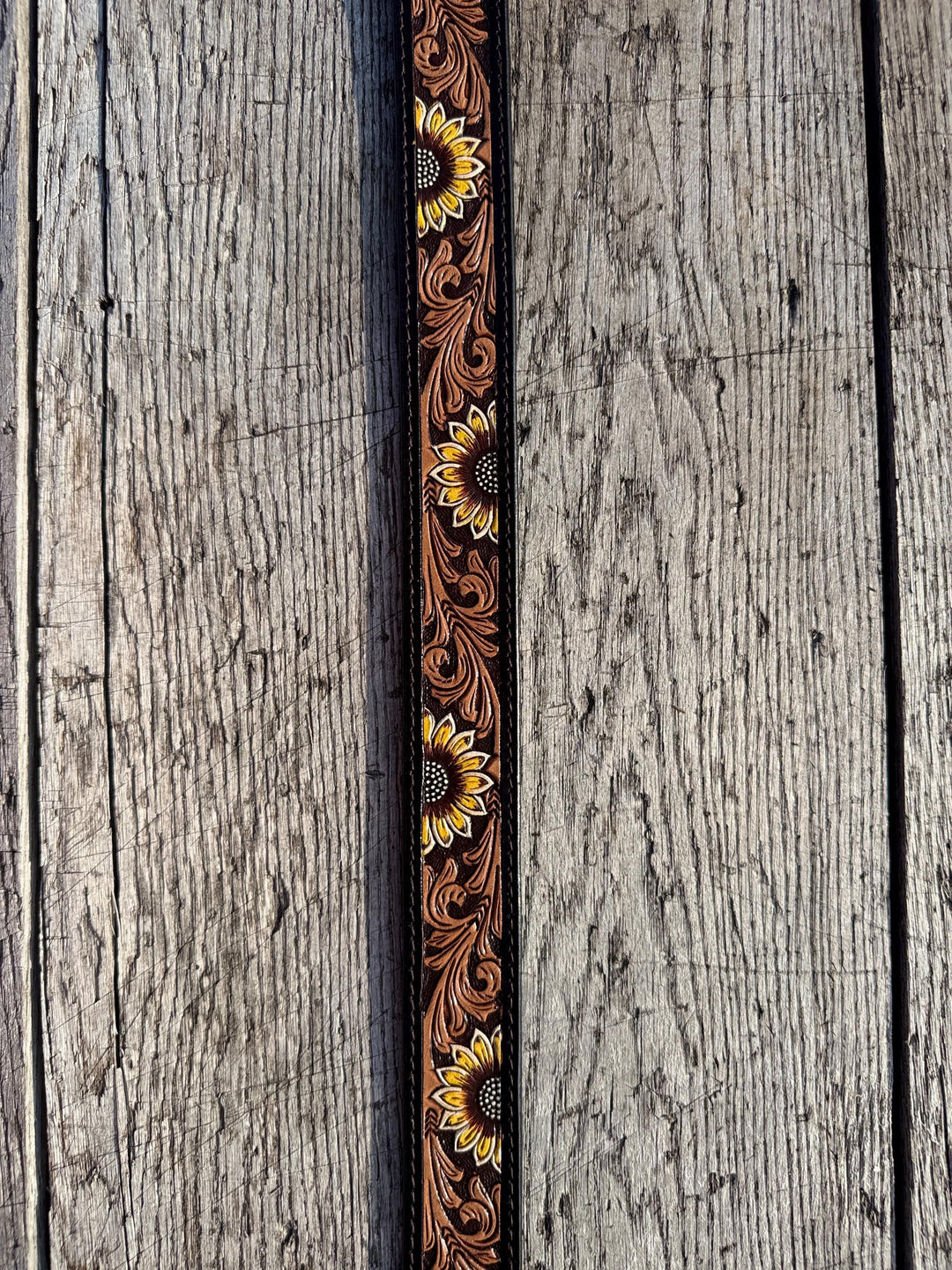 Genuine Leather Western Belt with Dark Tooled Sunflowers