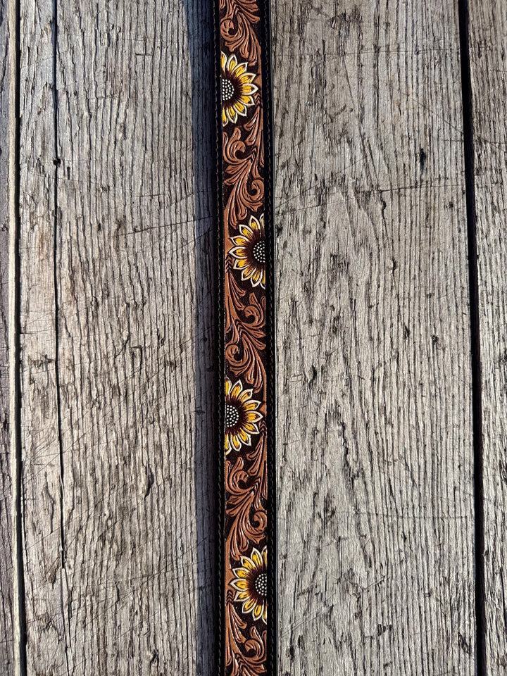Genuine Leather Western Belt with Dark Tooled Sunflowers
