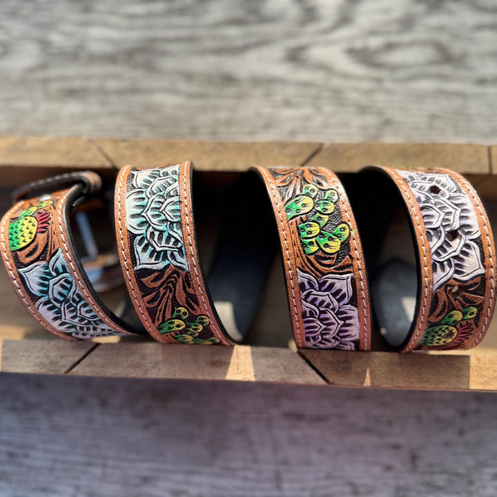 Tooled Succulents Genuine Leather Western Belt