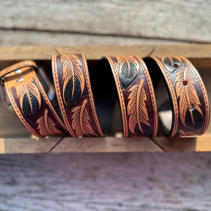 Genuine Leather Western Belt with Tooled Black Feather Details