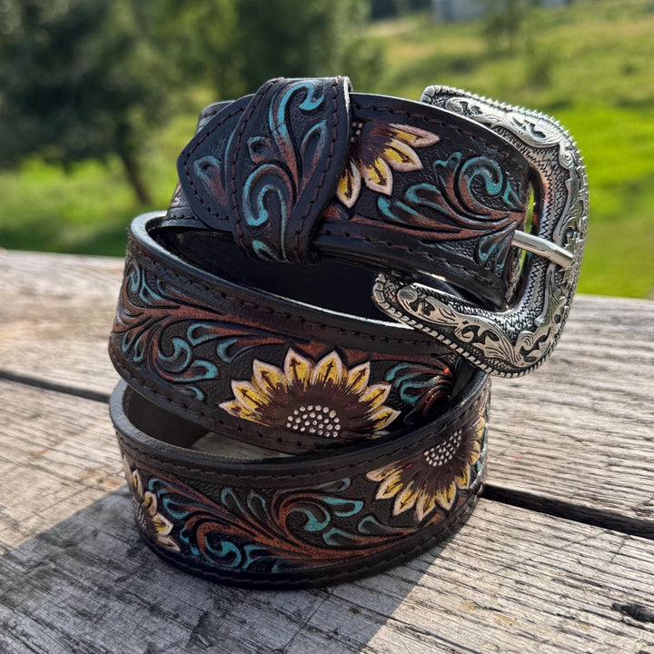Genuine Leather Western Belt with Dark Tooled Sunflowers and Turquoise