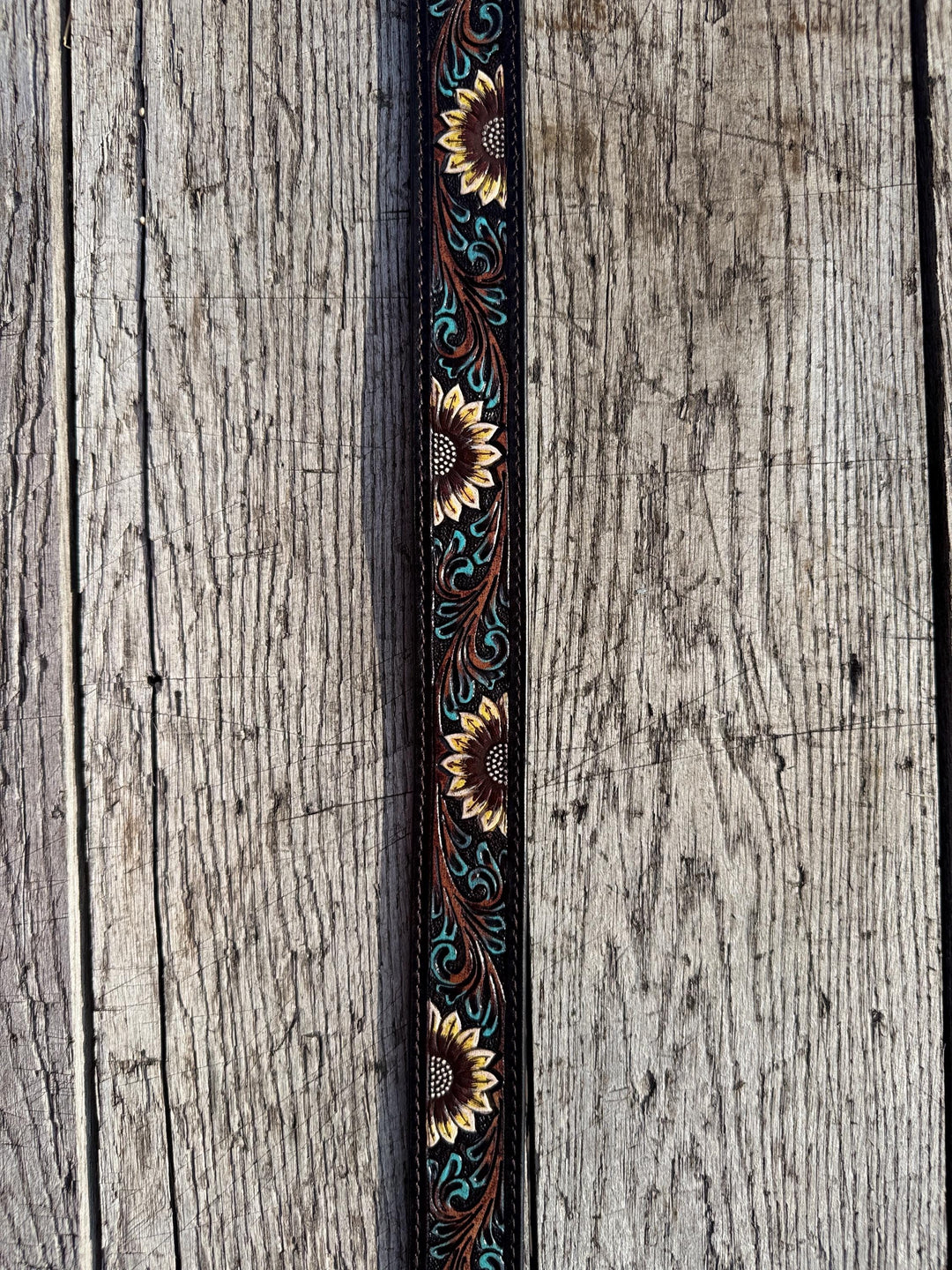 Genuine Leather Western Belt with Dark Tooled Sunflowers and Turquoise