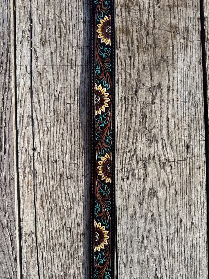 Genuine Leather Western Belt with Dark Tooled Sunflowers and Turquoise