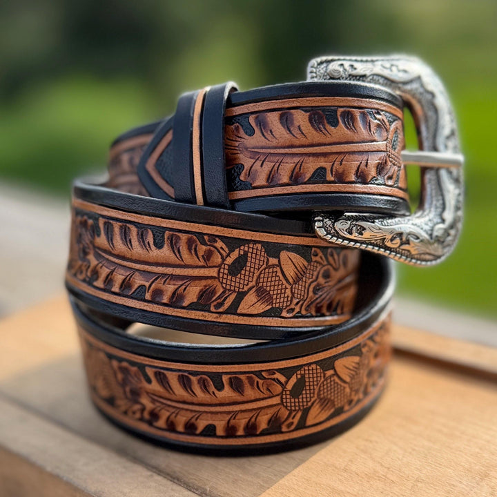Tooled Leaf Acorn Genuine Leather Western Belt