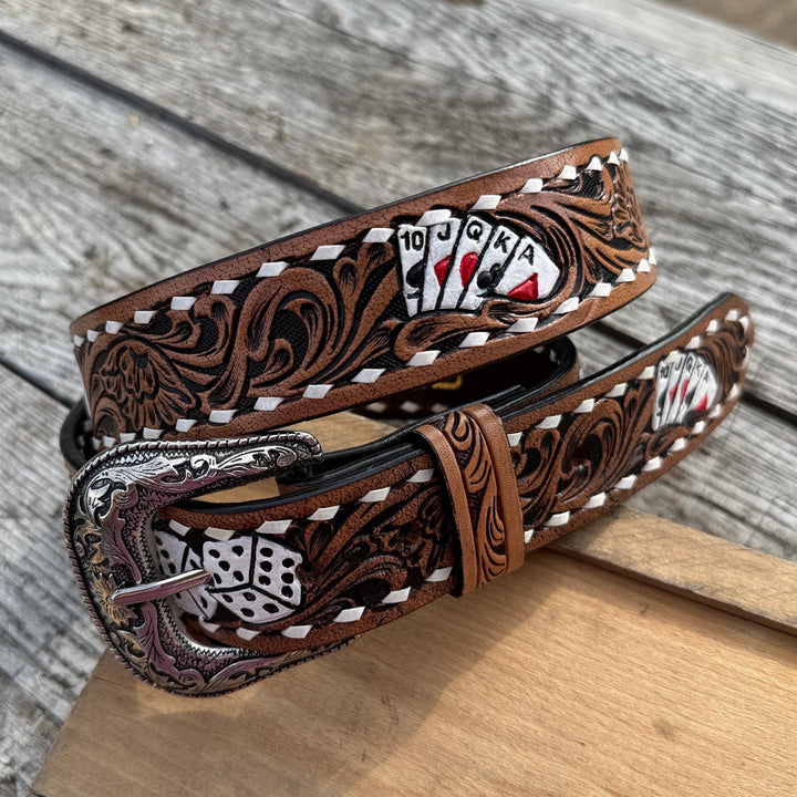Tooled Playing Cards Genuine Leather Western Belt