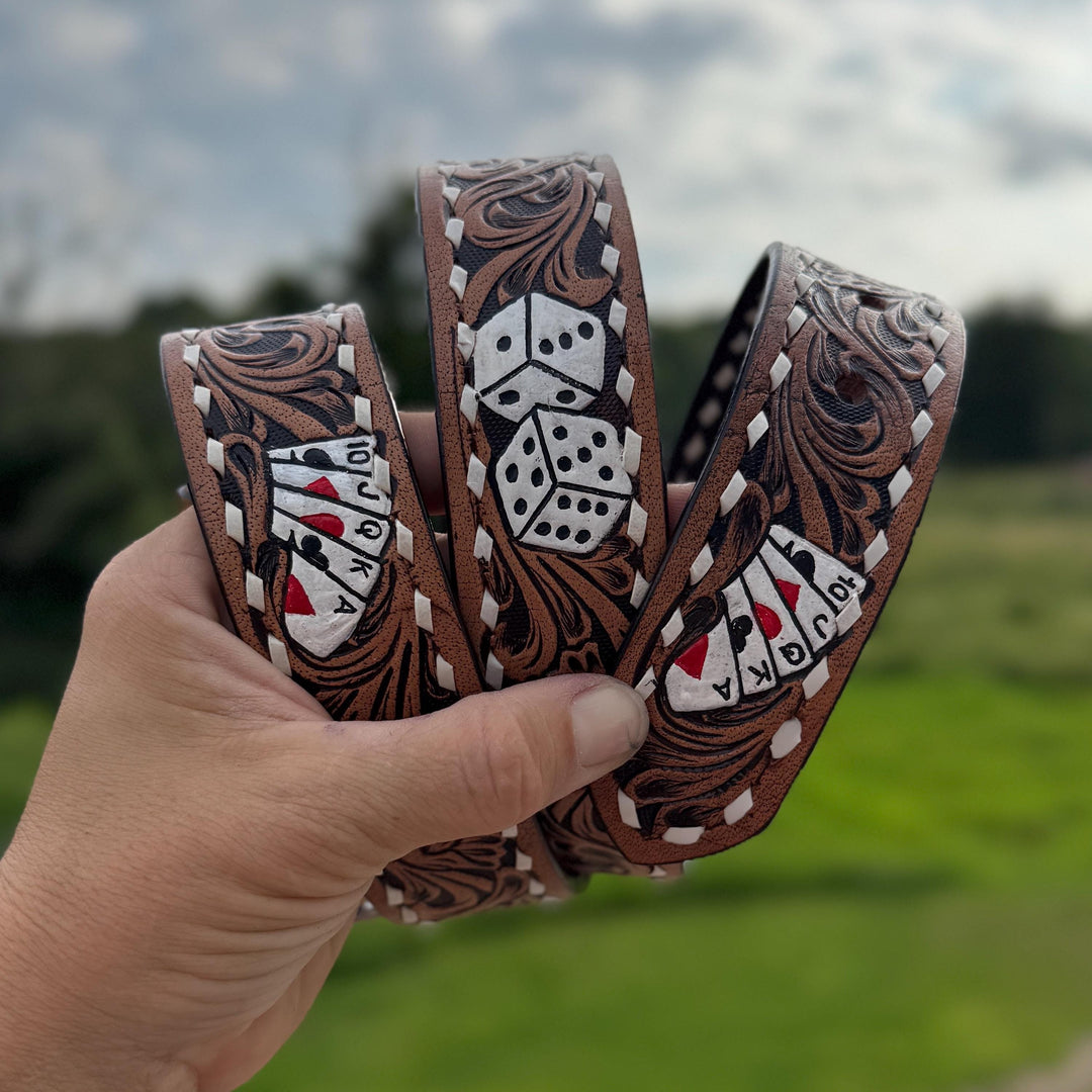 Tooled Playing Cards Genuine Leather Western Belt