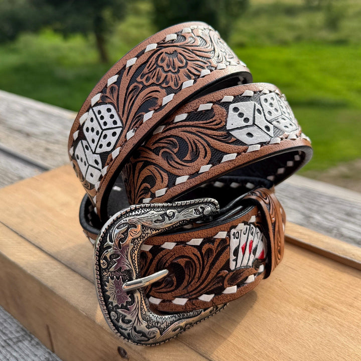 Tooled Playing Cards Genuine Leather Western Belt