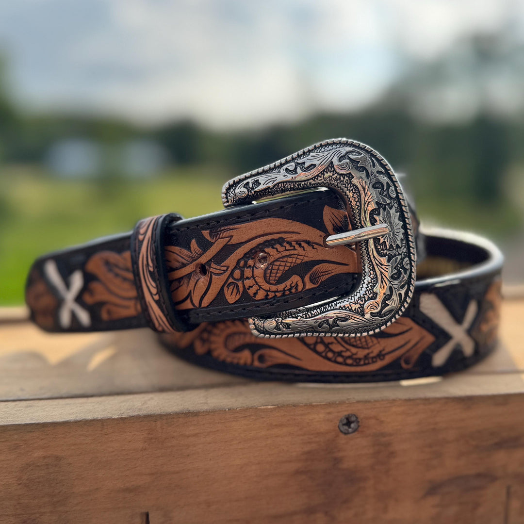 Genuine Leather Western Belt with Tooled Feathers and Cross Cut Outs