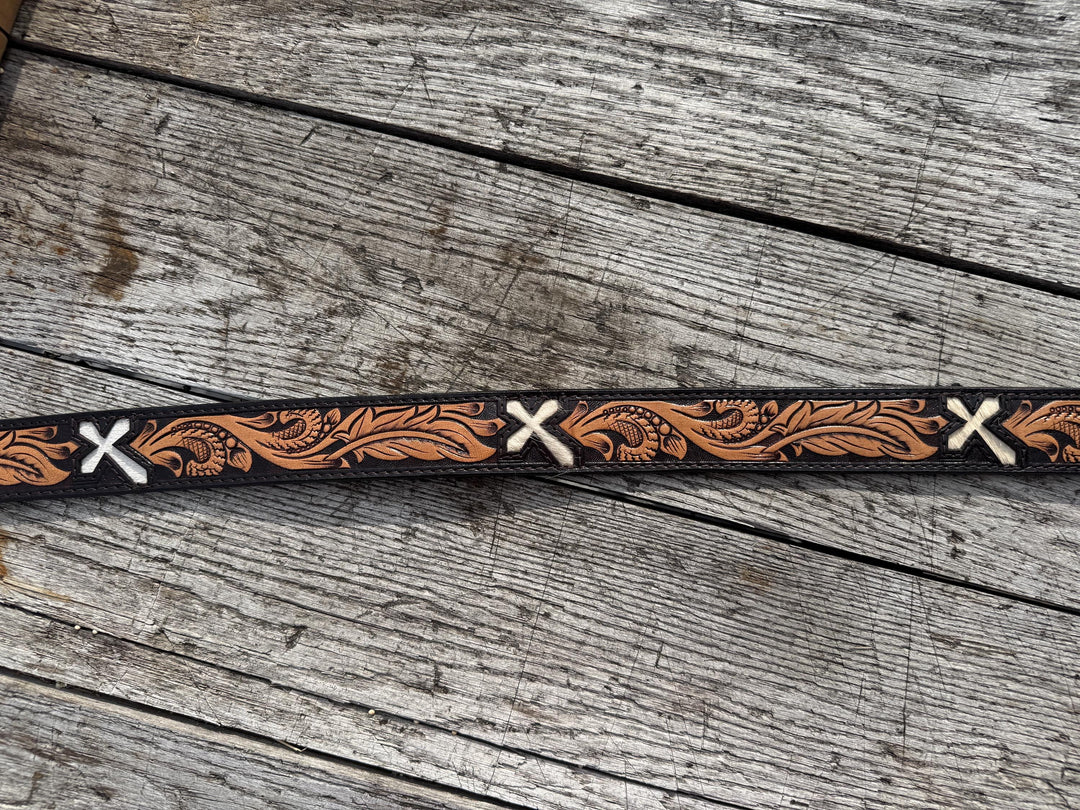 Genuine Leather Western Belt with Tooled Feathers and Cross Cut Outs