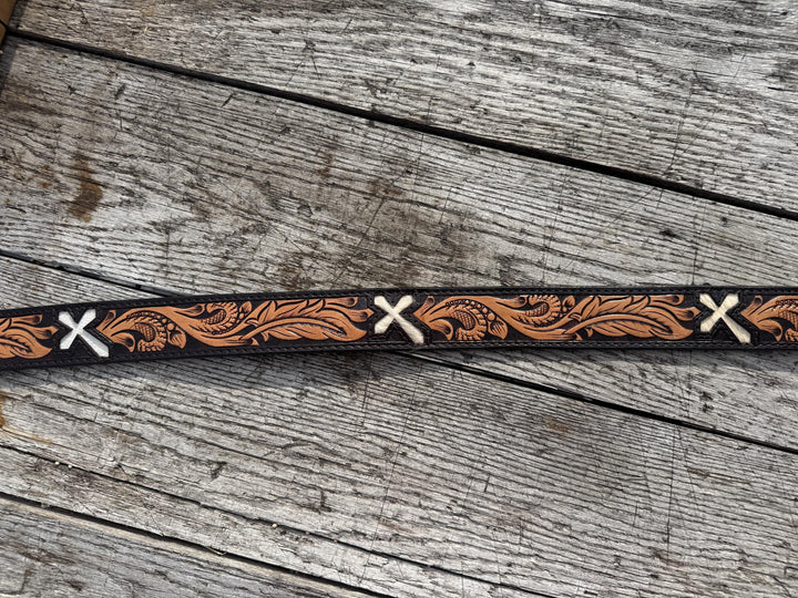 Genuine Leather Western Belt with Tooled Feathers and Cross Cut Outs