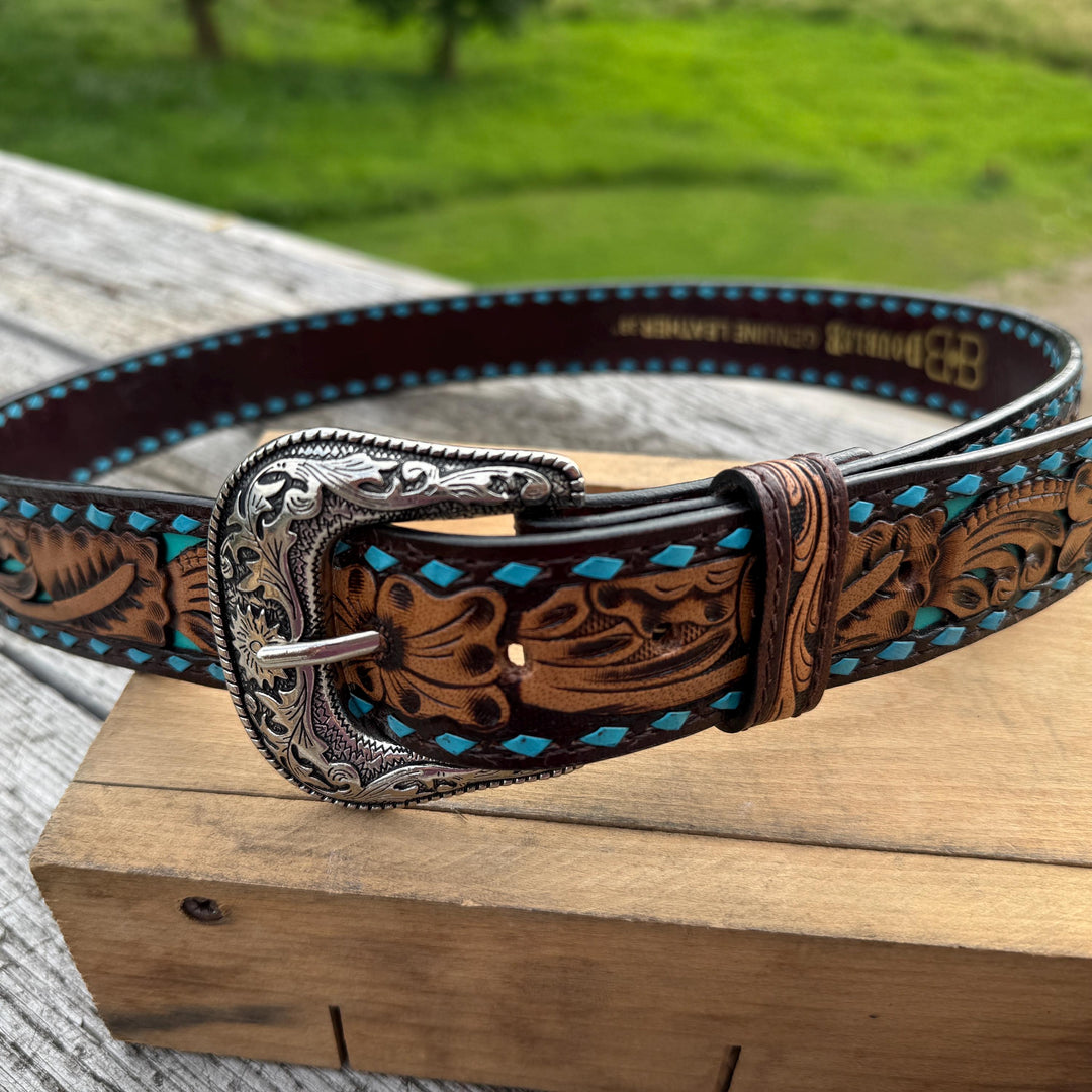 Genuine Leather Western Belt with Tooled and Buckstitch Details