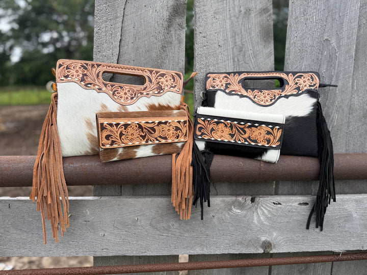 Genuine Cowhide Leather Buck-stitch Western Purse and Wallet Set