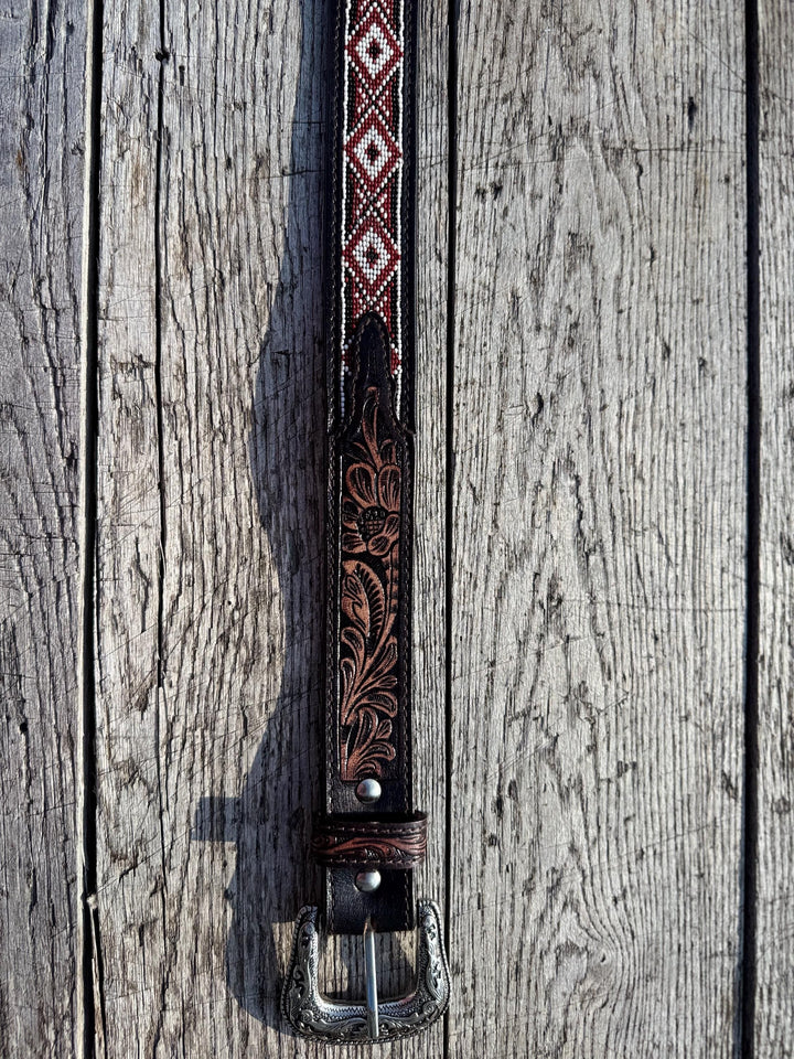 Genuine Leather Western Belt with Tooled and Seed Bead Details