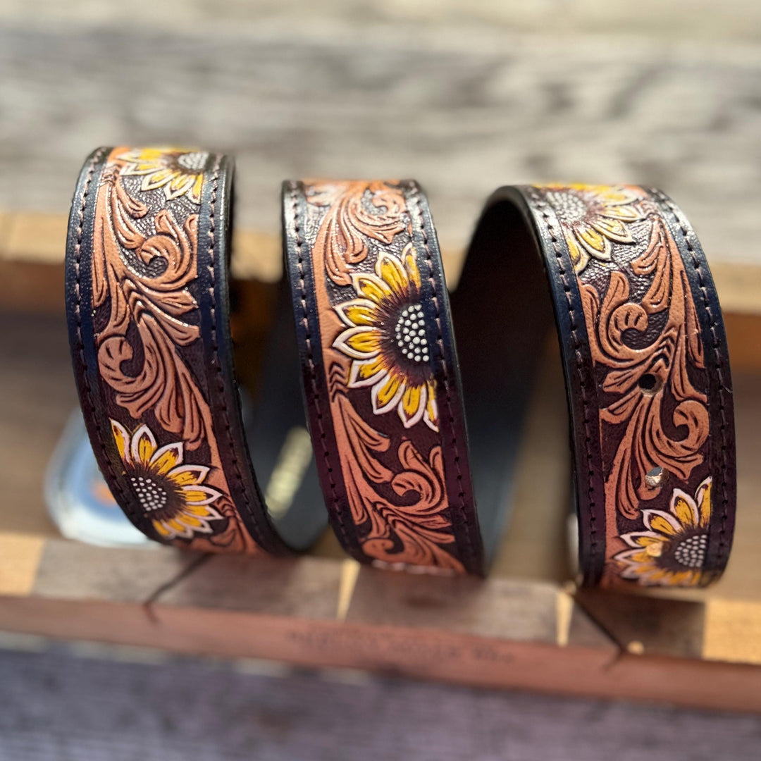 Genuine Leather Western Belt with Dark Tooled Sunflowers