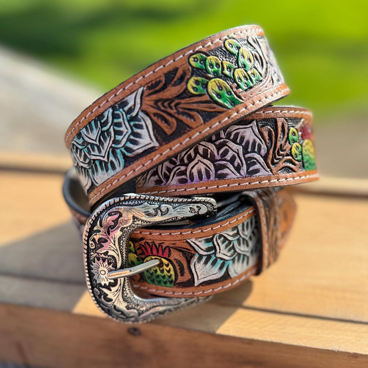 Tooled Succulents Genuine Leather Western Belt