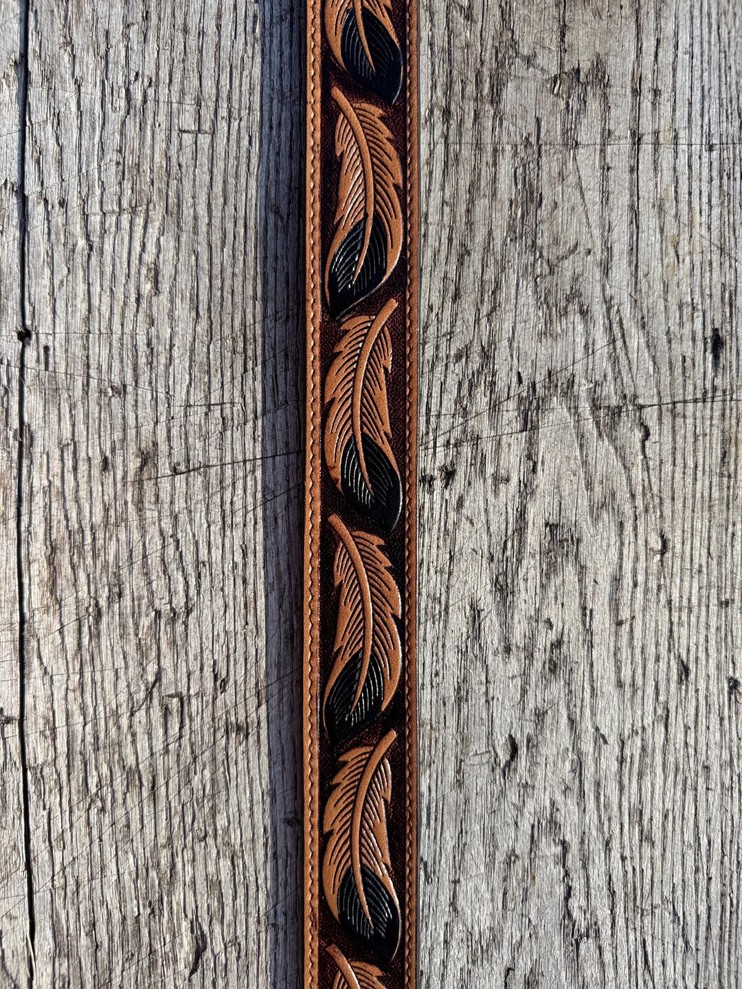 Genuine Leather Western Belt with Tooled Black Feather Details