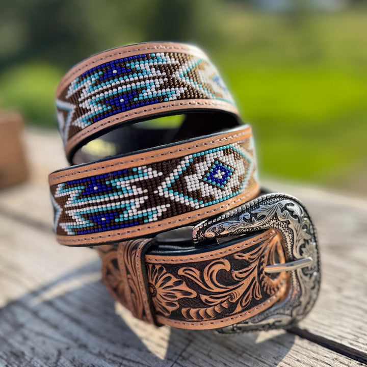 Genuine Leather Western Belt with Tooled and Seed Bead Details