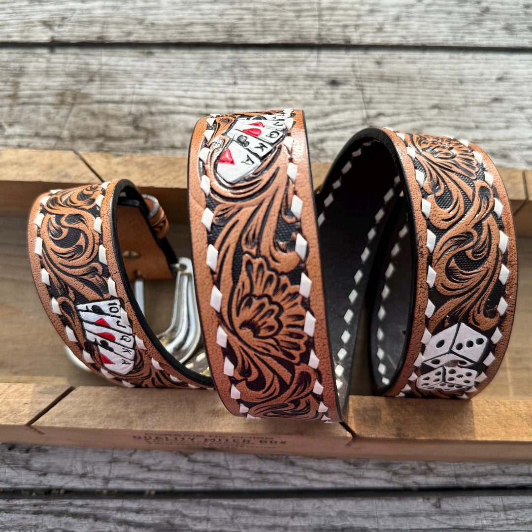 Tooled Playing Cards Genuine Leather Western Belt