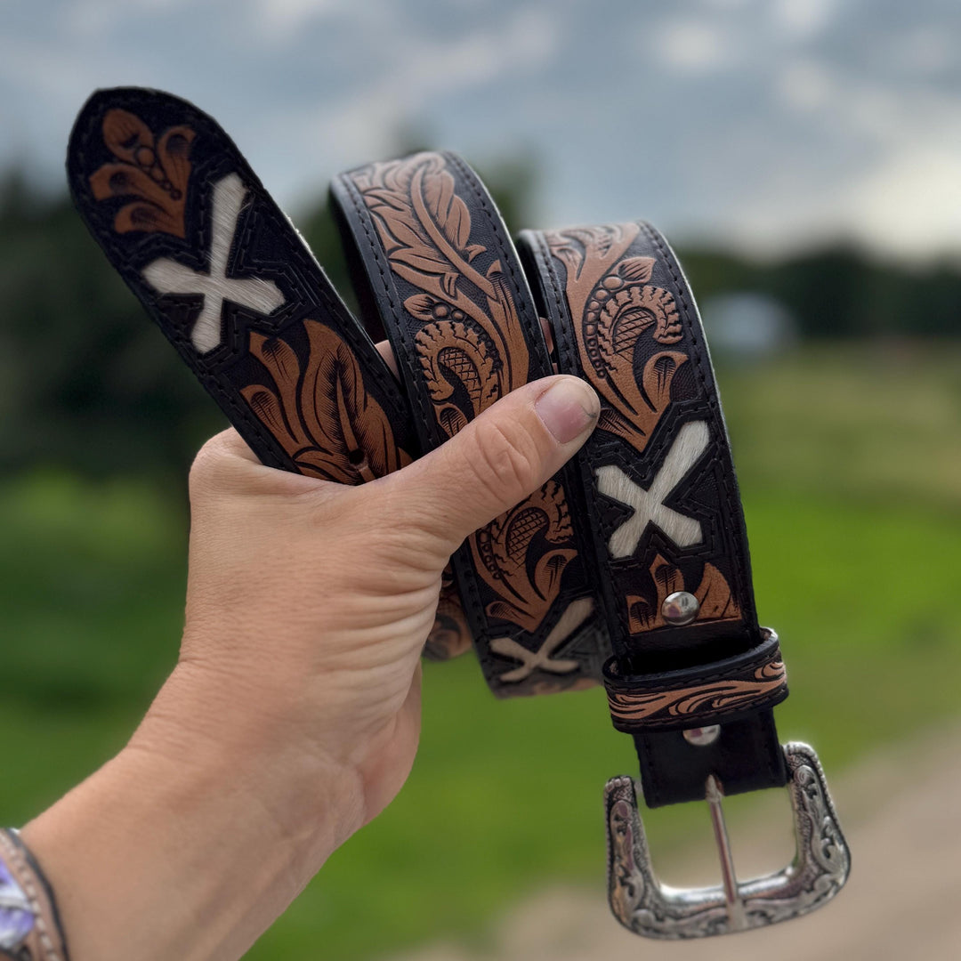 Genuine Leather Western Belt with Tooled Feathers and Cross Cut Outs