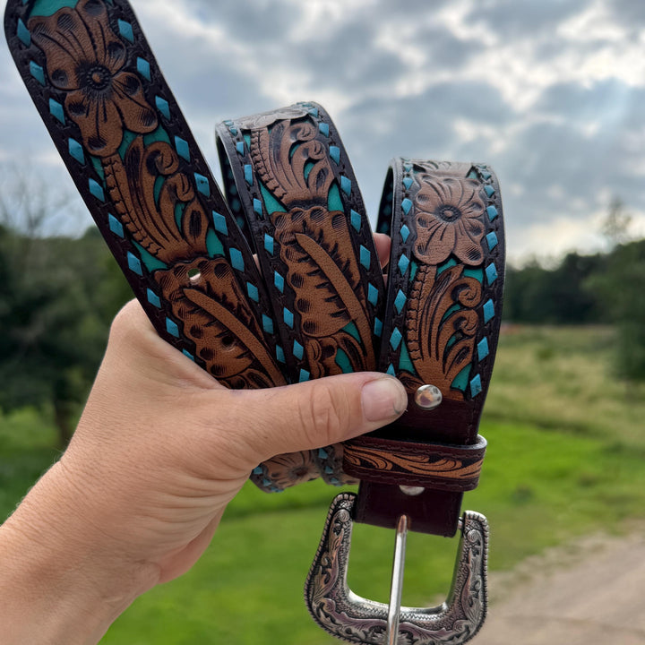 Genuine Leather Western Belt with Tooled and Buckstitch Details