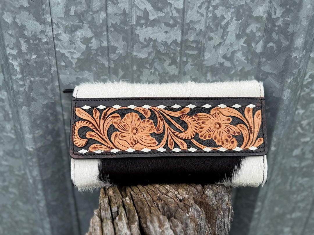 Genuine Cowhide Leather Buck-stitch Western Purse and Wallet Set