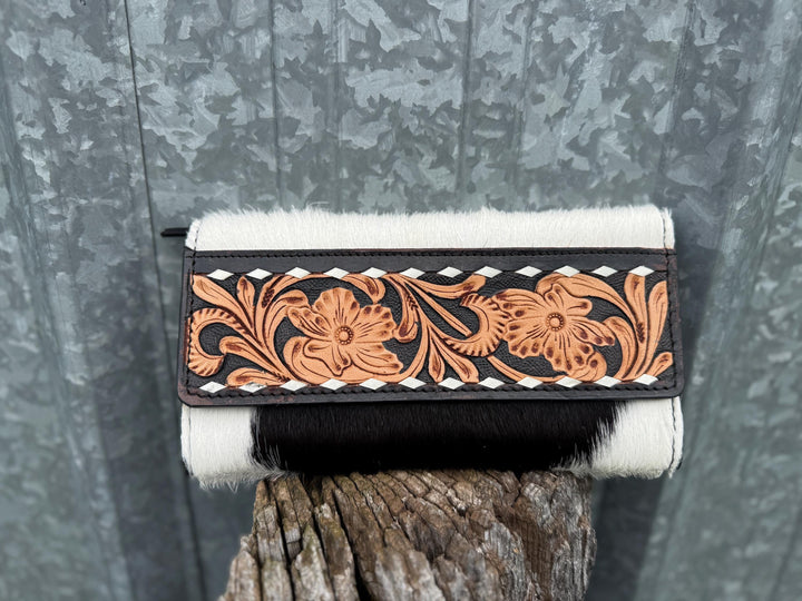 Genuine Cowhide Leather Buck-stitch Western Purse and Wallet Set