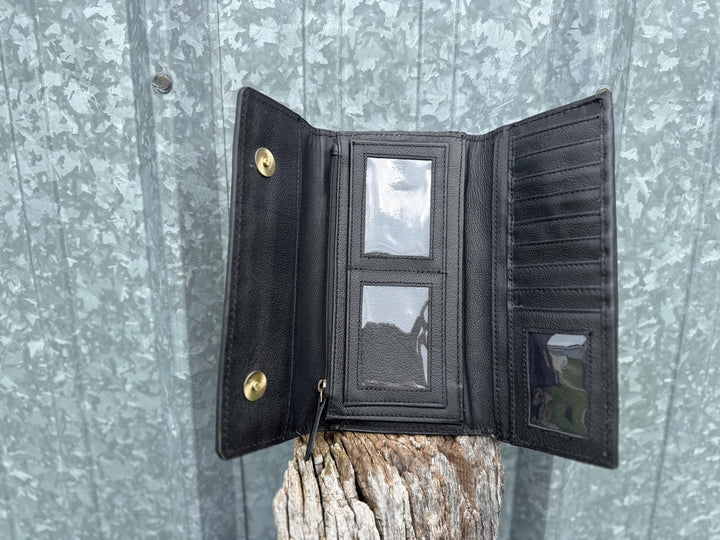 Genuine Cowhide Leather Buck-stitch Western Purse and Wallet Set