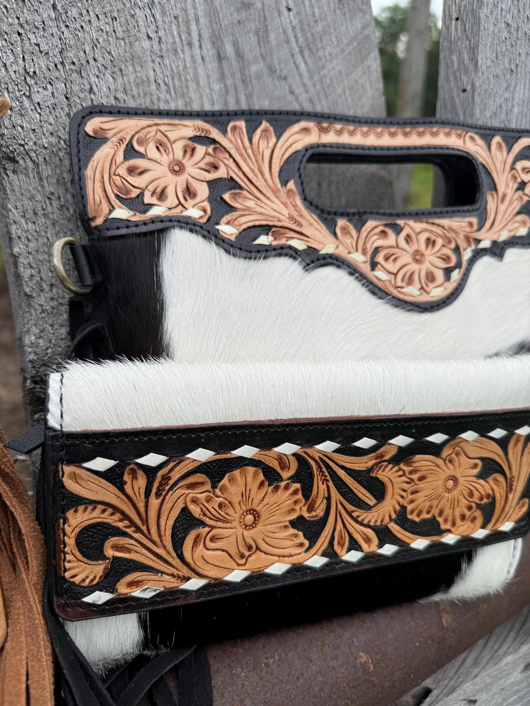 Genuine Cowhide Leather Buck-stitch Western Purse and Wallet Set