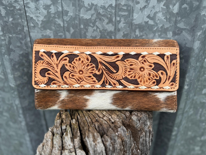 Genuine Cowhide Leather Buck-stitch Western Purse and Wallet Set