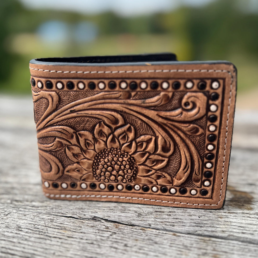 Men’s Western Sunflower Tooled Leather Bi-fold Wallet Double B Wild Rags
