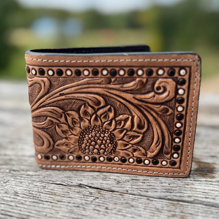 Men’s Western Sunflower Tooled Leather Bi-fold Wallet Double B Wild Rags