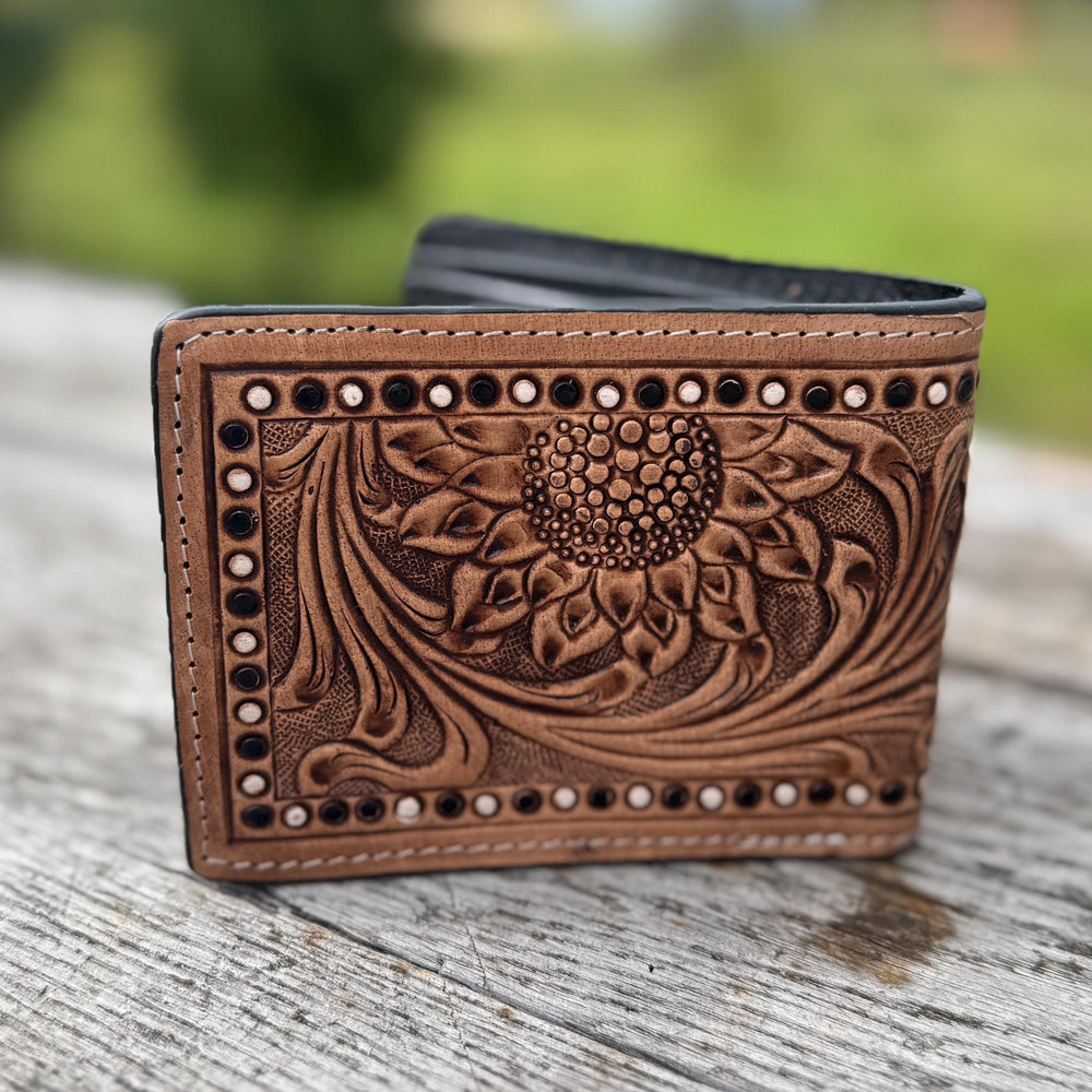 Men’s Western Sunflower Tooled Leather Bi-fold Wallet Double B Wild Rags