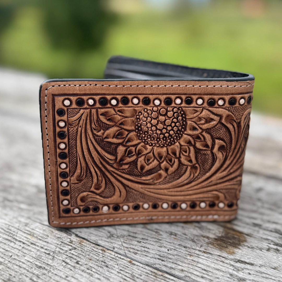 Men’s Western Sunflower Tooled Leather Bi-fold Wallet Double B Wild Rags