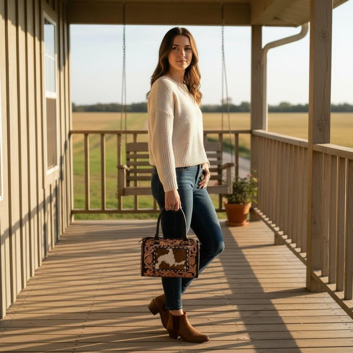 Genuine Western Leather Speedy Barrel Bag with Cowhide and Tooled Double B Wild Rags