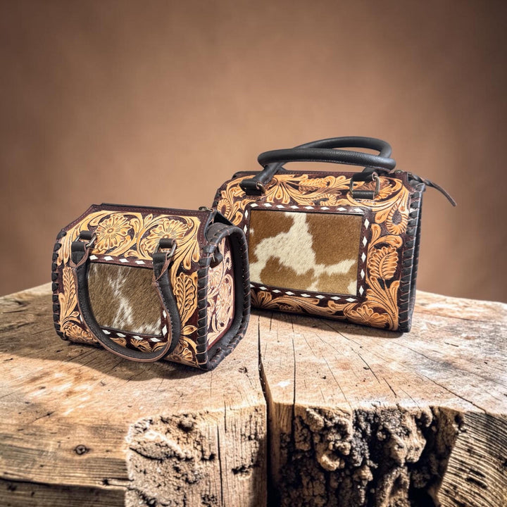 Genuine Western Leather Speedy Barrel Bag with Cowhide and Tooled Double B Wild Rags