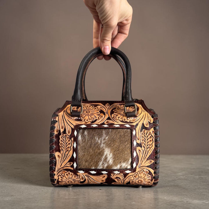 Genuine Western Leather Speedy Barrel Bag with Cowhide and Tooled Double B Wild Rags