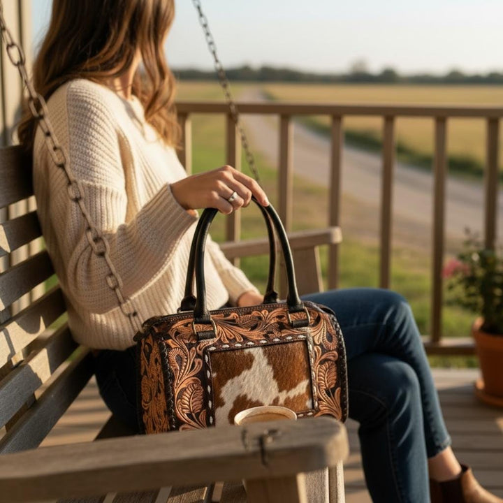 Genuine Western Leather Speedy Barrel Bag with Cowhide and Tooled Double B Wild Rags
