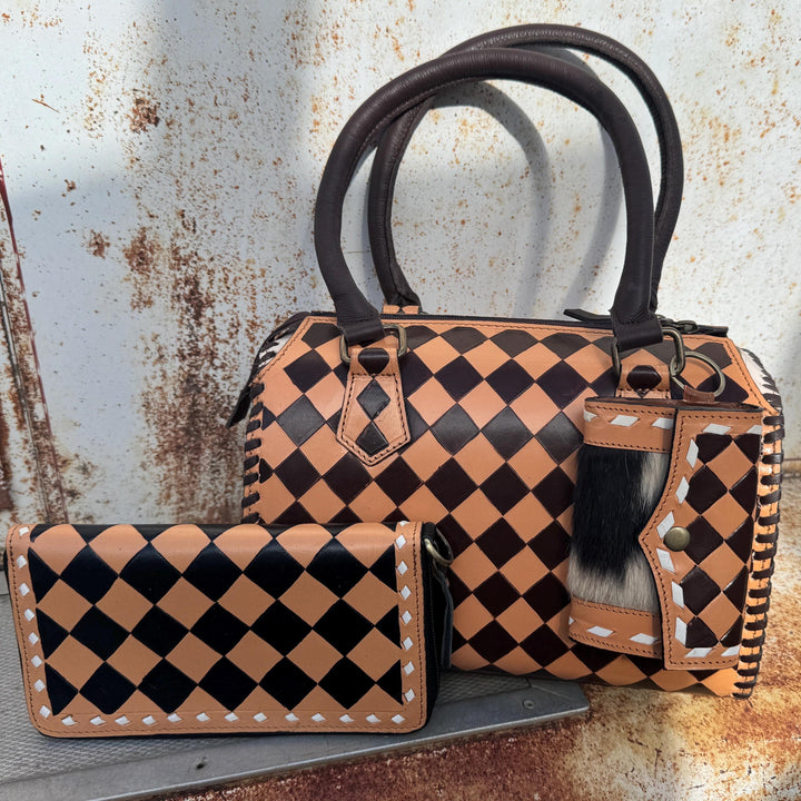 Caramel Espresso Checkered Speedy Western Genuine Leather Purse Double B Wild Rags