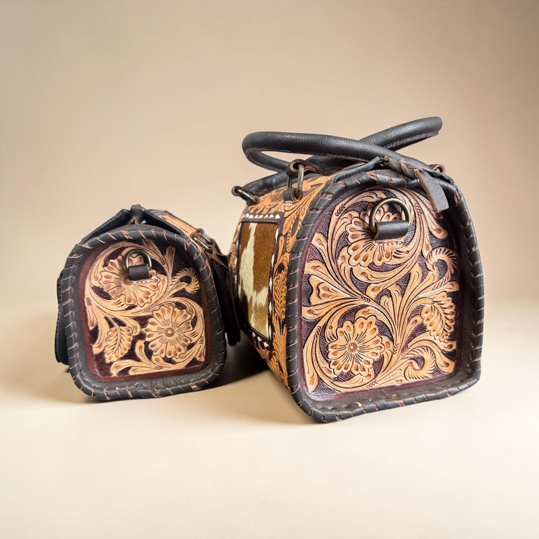 Genuine Western Leather Speedy Barrel Bag with Cowhide and Tooled Double B Wild Rags