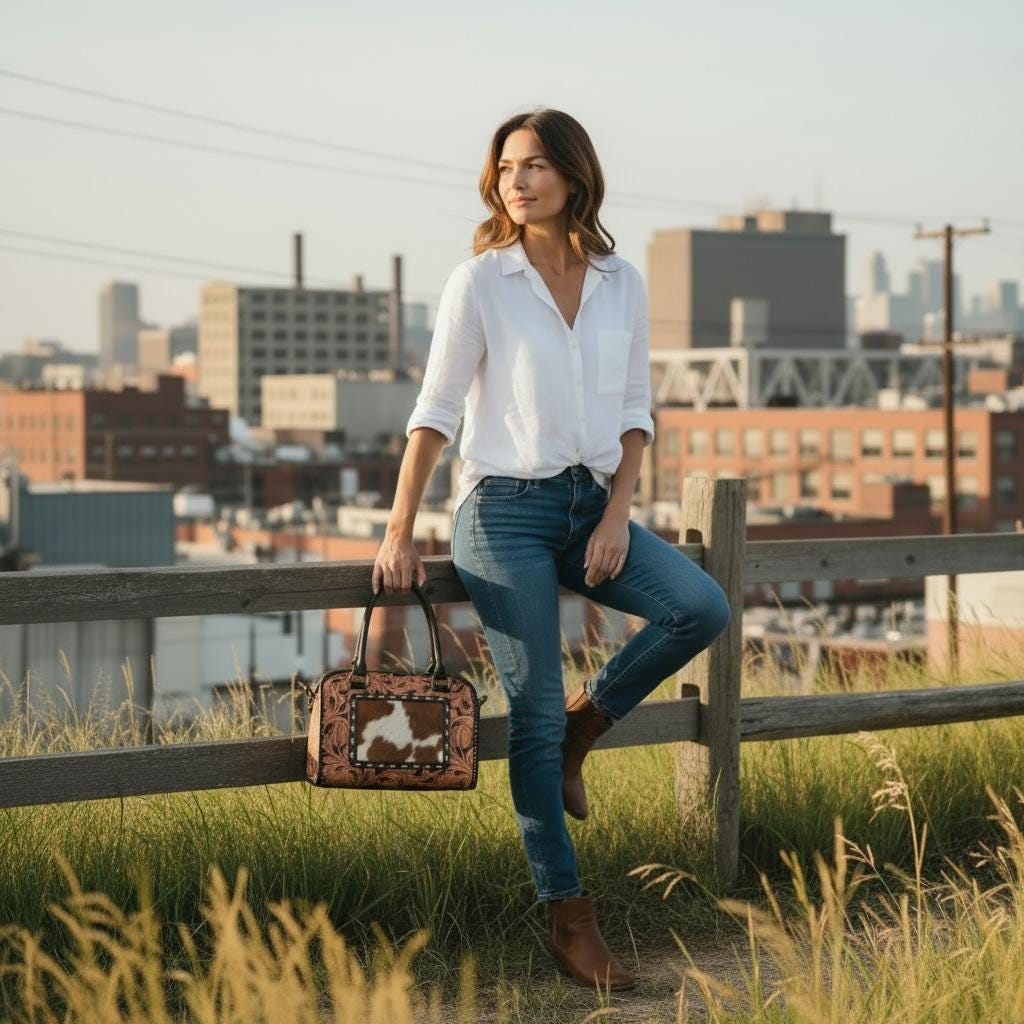 Genuine Western Leather Speedy Barrel Bag with Cowhide and Tooled Double B Wild Rags