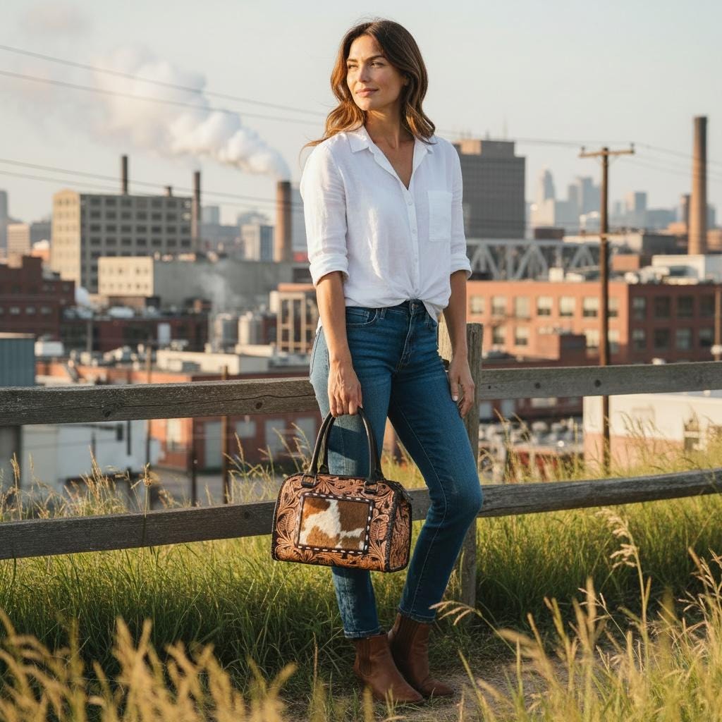 Genuine Western Leather Speedy Barrel Bag with Cowhide and Tooled Double B Wild Rags