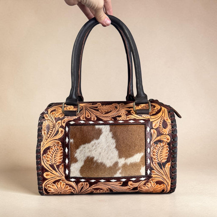 Genuine Western Leather Speedy Barrel Bag with Cowhide and Tooled Double B Wild Rags