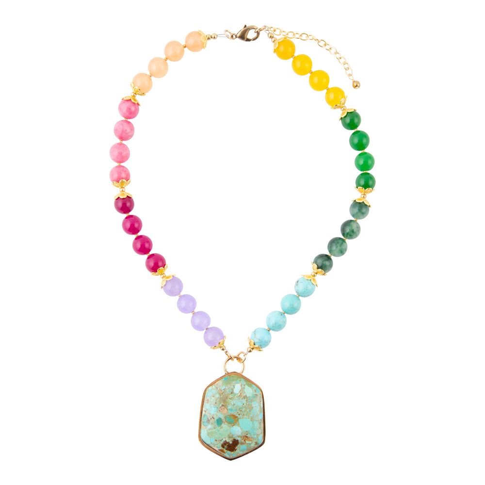 Kaleidoscope Multistone Blue Turquoise Pendant Golden Necklace