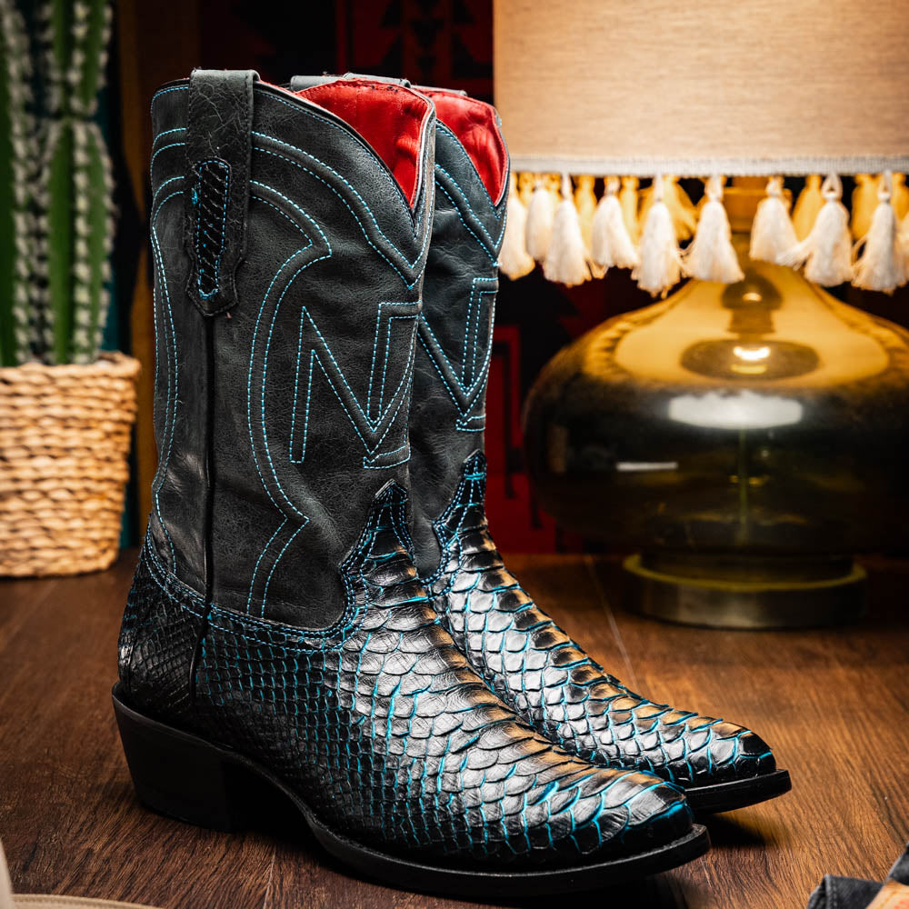 Marco Di Milano Kansas Black / Blue Genuine Python Skin Western Boots