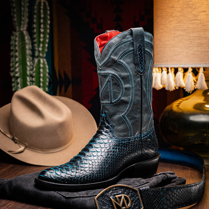 Marco Di Milano Kansas Black / Blue Genuine Python Skin Western Boots