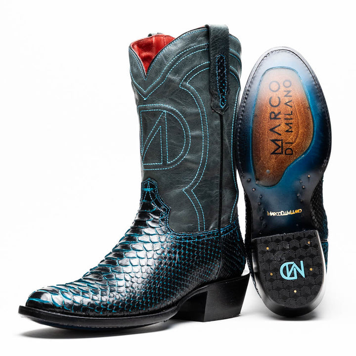 Marco Di Milano Kansas Black / Blue Genuine Python Skin Western Boots