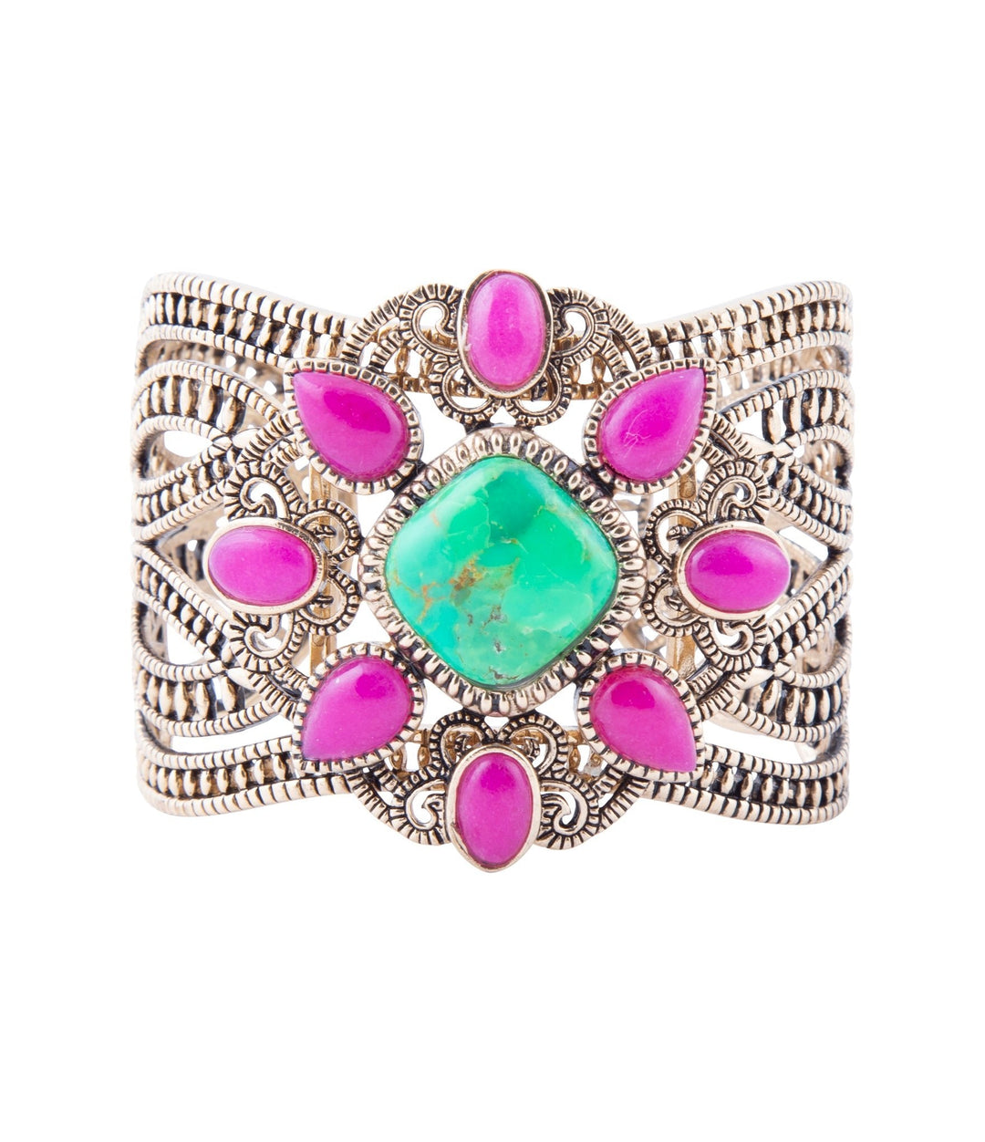 Madeira Lime and Pink Agate Statement Golden Cuff Bracelet