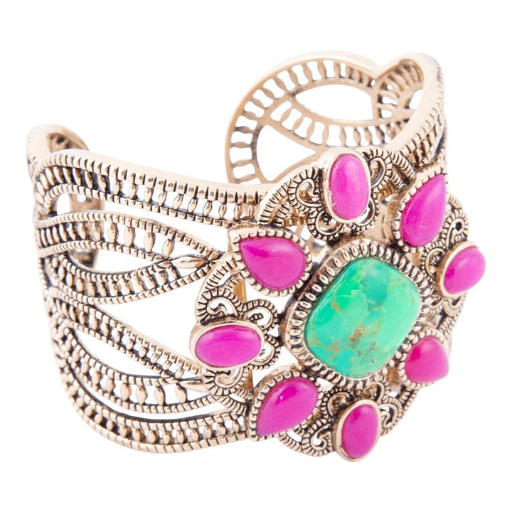 Madeira Lime and Pink Agate Statement Golden Cuff Bracelet