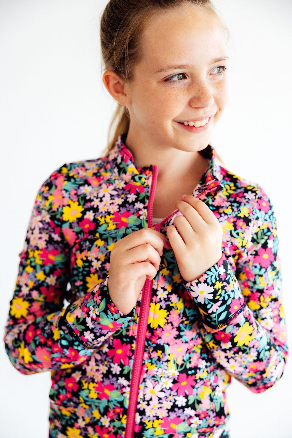 Girls Flexible Floral Full-Zip Ruffle Active Jacket